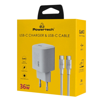 POWERTECH φορτιστής τοίχου PT-1350 με καλώδιο, USB-C, 36W, GaN, λευκός