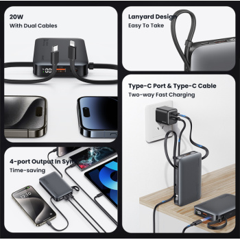 USAMS power bank CD228 με 2x καλώδια, 2x θύρες εξόδου, 10000mAh, 20W, γκρι
