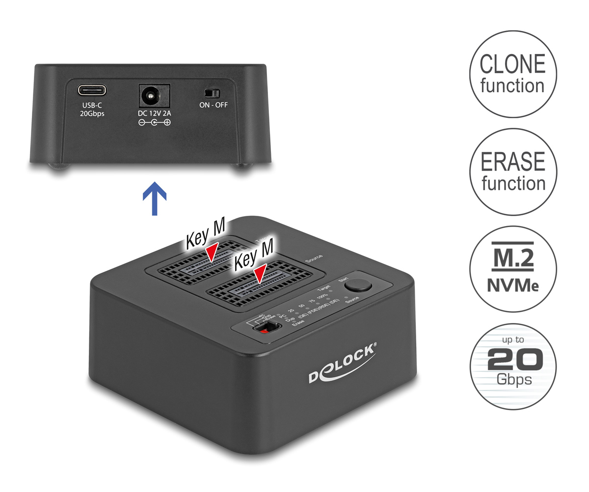 DELOCK docking station για M.2 NVMe SSD 64300, 2 θέσεων, 20Gbps, clone/erase function, μαύρο - Image 3