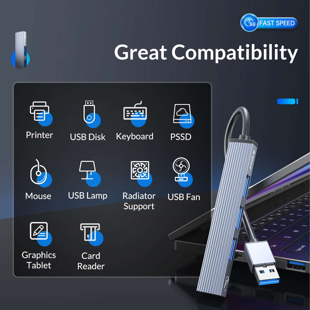 ORICO USB hub AH-A13, 4x θυρών, USB 3.0, 5Gbps, USB σύνδεση, γκρι - Image 3