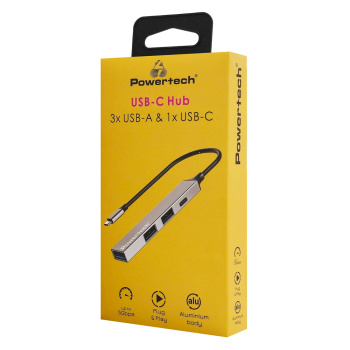 POWERTECH USB hub PT-1412, 4x θυρών, USB 3.2, 5Gbps, USB-C σύνδεση, γκρι