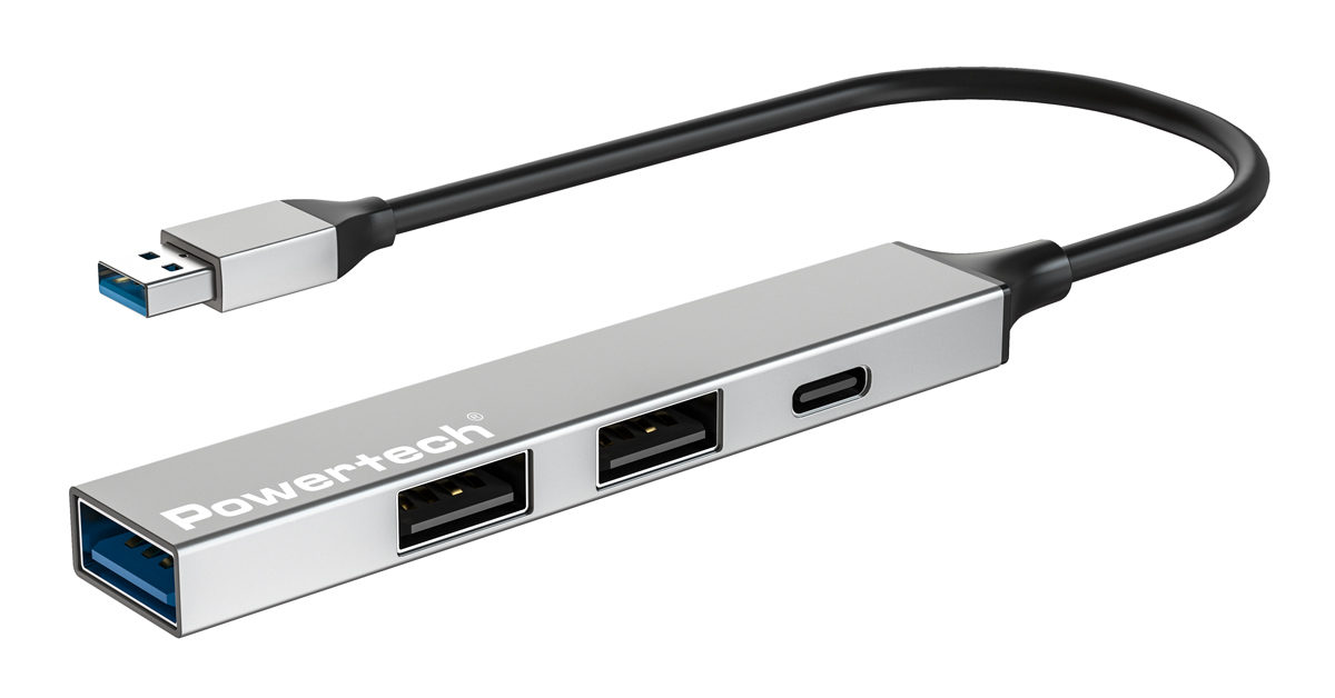 POWERTECH USB hub PT-1413, 4x θυρών, USB 3.2, 5Gbps, USB σύνδεση, γκρι
