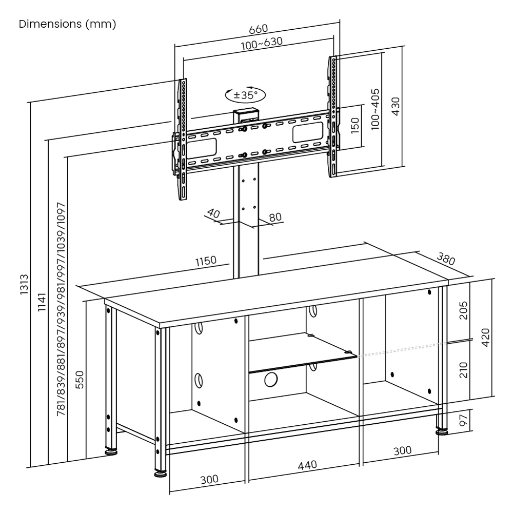 BRATECK έπιπλο τηλεόρασης με βάση WP2006ST-BR, 37-75", 115x38x131.3cm, καφέ - Image 4