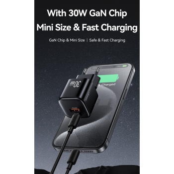 USAMS φορτιστής τοίχου CC263, USB & USB-C, 30W, GaN, μαύρος