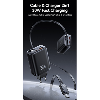 USAMS φορτιστής τοίχου CC296 με καλώδιο, USB & USB-C, 30W, μαύρος