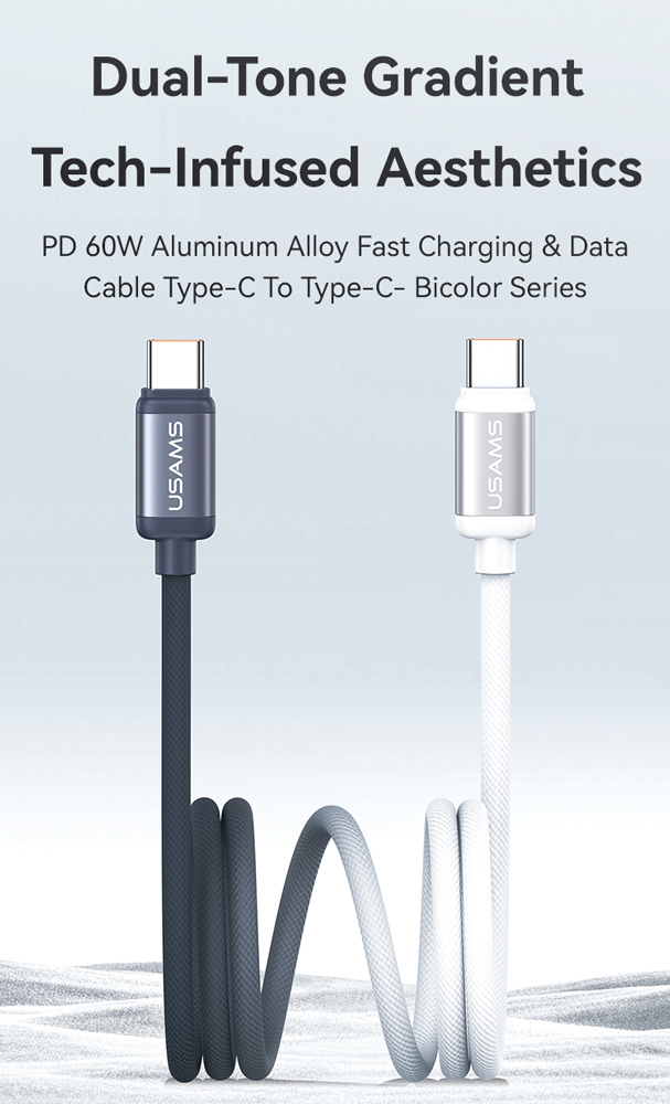 USAMS καλώδιο USB-C SJ756, 60W, 480Mbps, 1.2m, μαύρο/λευκό - Image 2