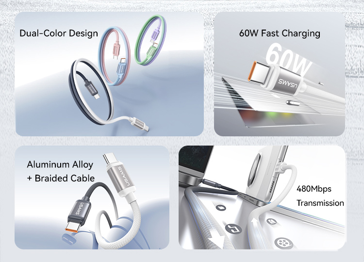 USAMS καλώδιο USB-C SJ756, 60W, 480Mbps, 1.2m, μαύρο/λευκό - Image 3