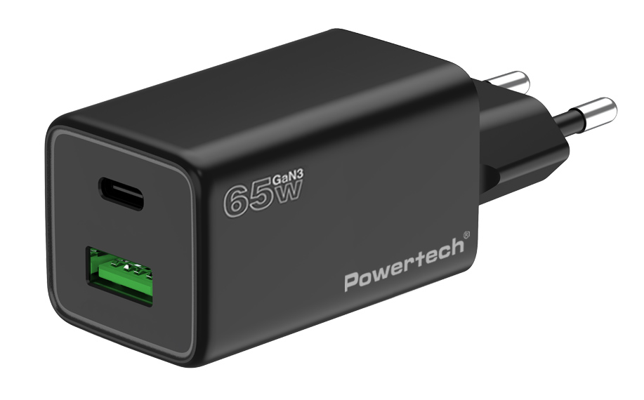 POWERTECH φορτιστής τοίχου PT-1501, USB/USB-C, 65W, GaN, μαύρος - Image 2