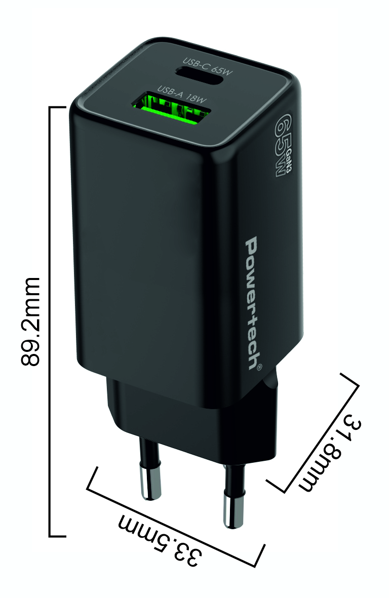 POWERTECH φορτιστής τοίχου PT-1501, USB/USB-C, 65W, GaN, μαύρος - Image 5