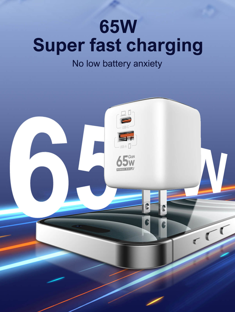 LDNIO φορτιστής τοίχου Q2617 με καλώδιο USB-C, EU/UK/US βύσμα, USB/USB-C, 65W, GaN, λευκός - Image 4