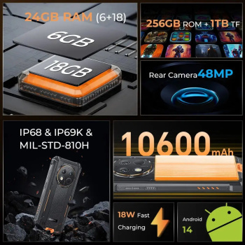 OUKITEL smartphone G1, 6.52″, 6/256GB, 10600mAh, IP68/IP69K/MIL-STD-810H, μαύρο