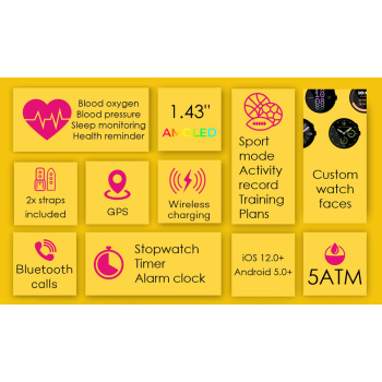 INTIME smartwatch G6 με 2x λουράκια, heart rate, 1.43″ AMOLED, GPS, 5ATM, titanium black