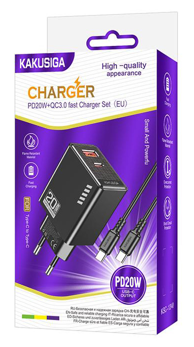KAKUSIGA φορτιστής τοίχου KSC-1240 με καλώδιο USB-C, USB & USB-C, 20W, μαύρος - Image 3