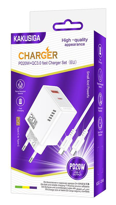 KAKUSIGA φορτιστής τοίχου KSC-1240 με καλώδιο USB-C, USB & USB-C, 20W, λευκός - Image 3