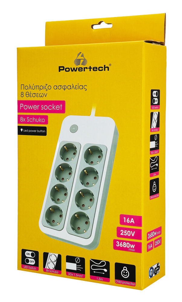 POWERTECH πολύπριζο ασφαλείας PT-1534, 8 θέσεων, 16A, 1.5m, λευκό - Image 3