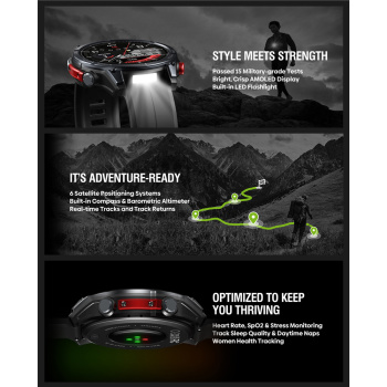 ZEBLAZE smartwatch Stratos 4 με φακό, heart rate, 1.43″ AMOLED, GPS, 5 ΑΤΜ, MIL-STD-810H, μαύρο
