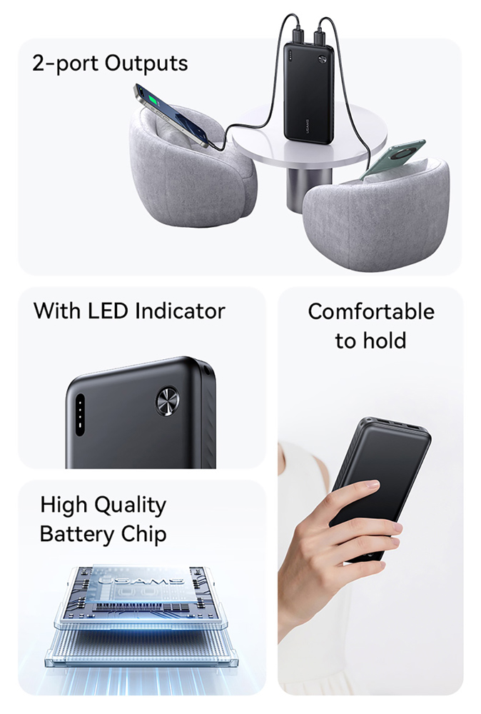 USAMS power bank CD253, 2x θύρες εξόδου, 10000mAh, 10W, μαύρο - Image 5