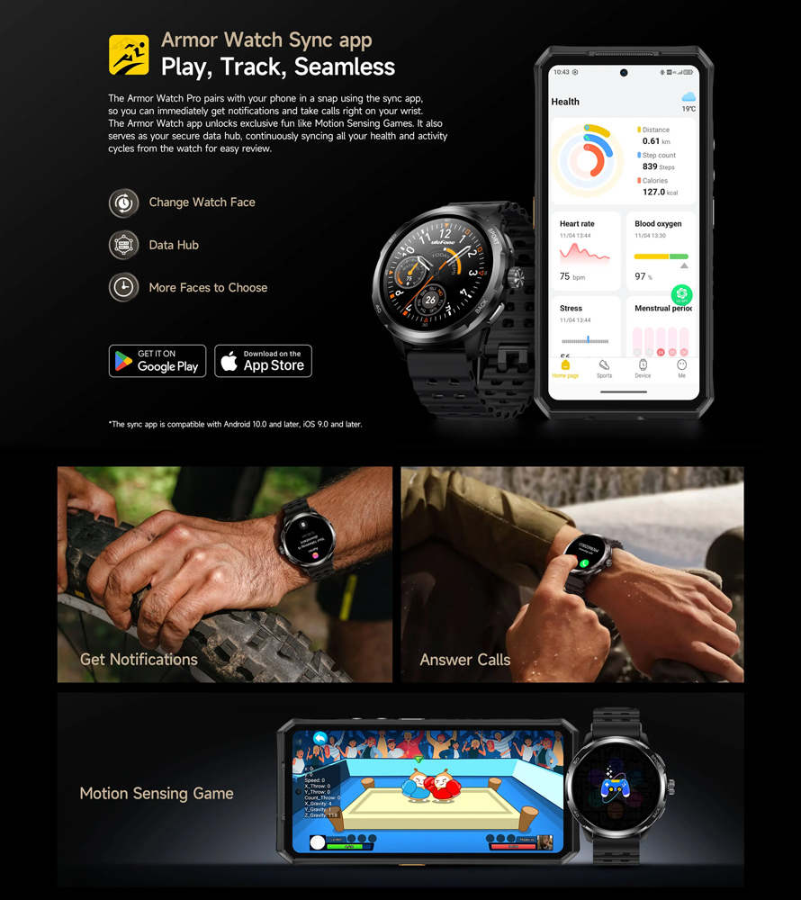 ULEFONE smartwatch Armor Watch Pro, 2x λουράκια, heart rate, 1.50" AMOLED, GPS, 5 ΑΤΜ/IP68/IP69K/MIL-STD-810H, μαύρο - Image 3
