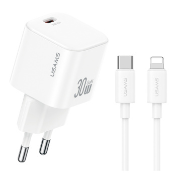 USAMS φορτιστής τοίχου CC262 με καλώδιο Lightning, 30W, GaN, λευκός