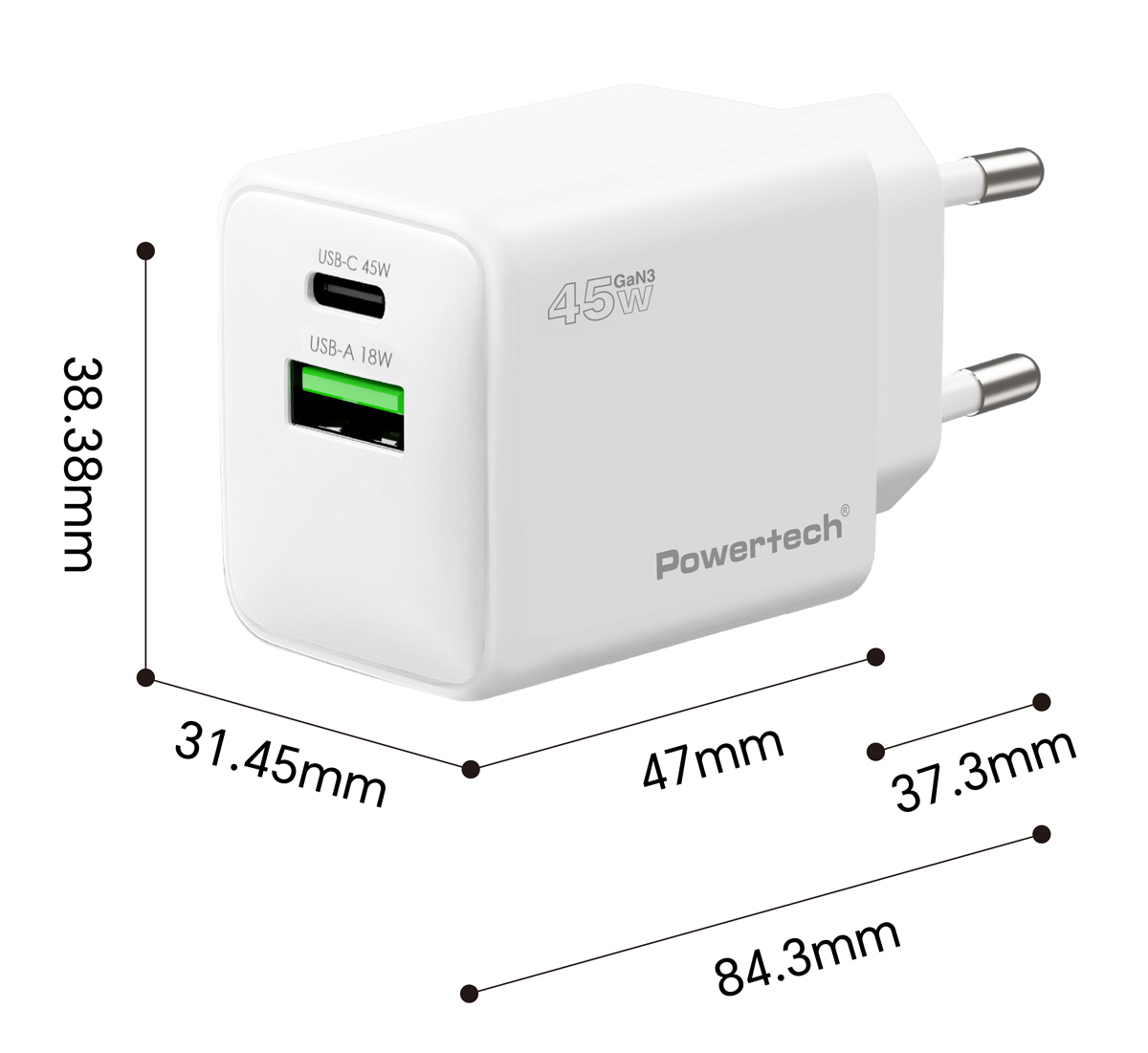 POWERTECH φορτιστής τοίχου PT-1551, USB/USB-C, 45W, GaN, AVS, λευκός - Image 3