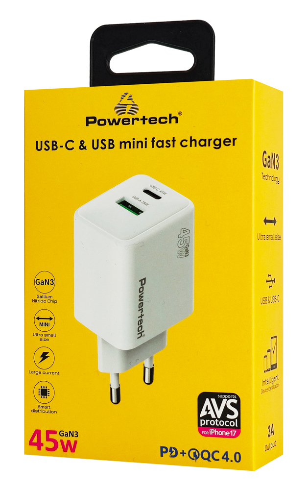 POWERTECH φορτιστής τοίχου PT-1551, USB/USB-C, 45W, GaN, AVS, λευκός - Image 4