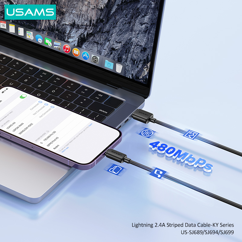 USAMS καλώδιο Lightning σε USB US-SJ694, 2.4A, 480Mbps, 2m, μαύρο - Image 3