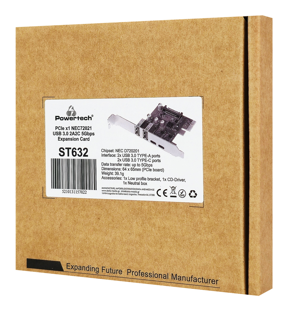 POWERTECH κάρτα επέκτασης PCIe σε 2x USB & 2x USB-C ST632, 5Gbps, NEC D720201 - Image 3
