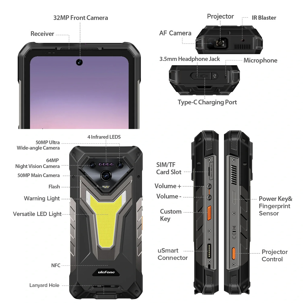 ULEFONE smartphone Armor 34 Pro Plus με βιντεοπροβολέα, 6.95", 5G, 16/512GB, 25500mAh, IP68/IP69K/MIL-STD-810H, μαύρο - Image 5