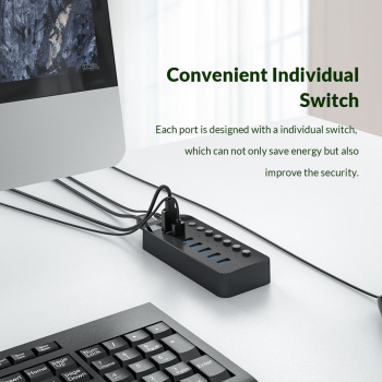 ORICO USB hub CT2U3-7AB με διακόπτες, 7x θυρών, USB 3.0, 5Gbps, USB σύνδεση, μαύρο