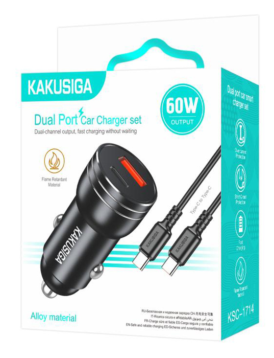 KAKUSIGA φορτιστής αυτοκινήτου KSC-1714 με καλώδιο USB-C, USB/USB-C, 60W, μαύρος - Image 3