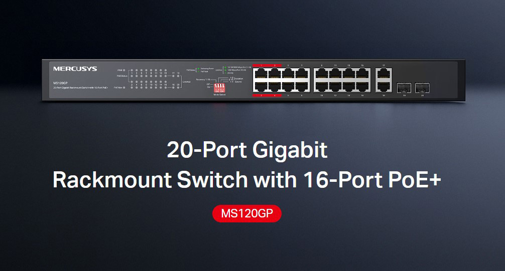 MERCUSYS rackmount switch MS120GP, 20x Gigabit θύρες, PoE+, V1.0 - Image 2