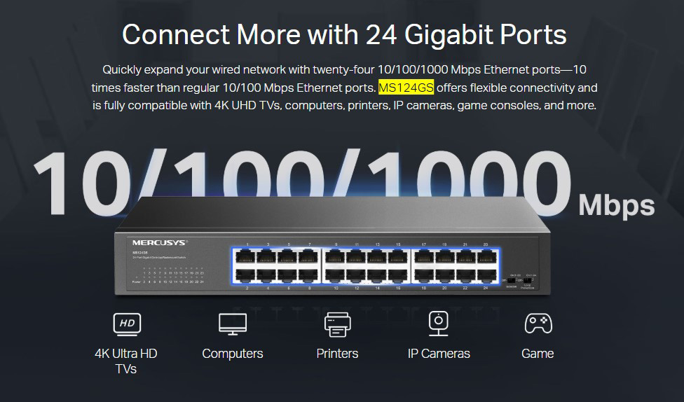 MERCUSYS desktop/rackmount switch MS124GS, 24x Gigabit θύρες, V1.0 - Image 2