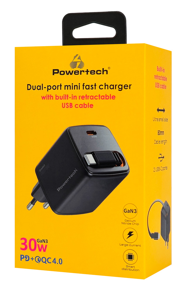 POWERTECH φορτιστής τοίχου PT-1571 με πτυσσόμενο καλώδιο, USB-C, 30W, GaN, μαύρος - Image 3