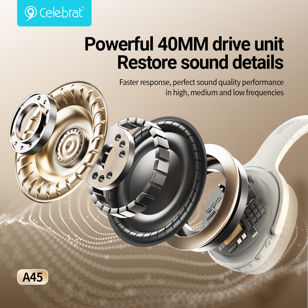 CELEBRAT headphones A45, ασύρματα & ενσύρματα, micro SD, 40mm, 250mAh, μαύρα - Image 3