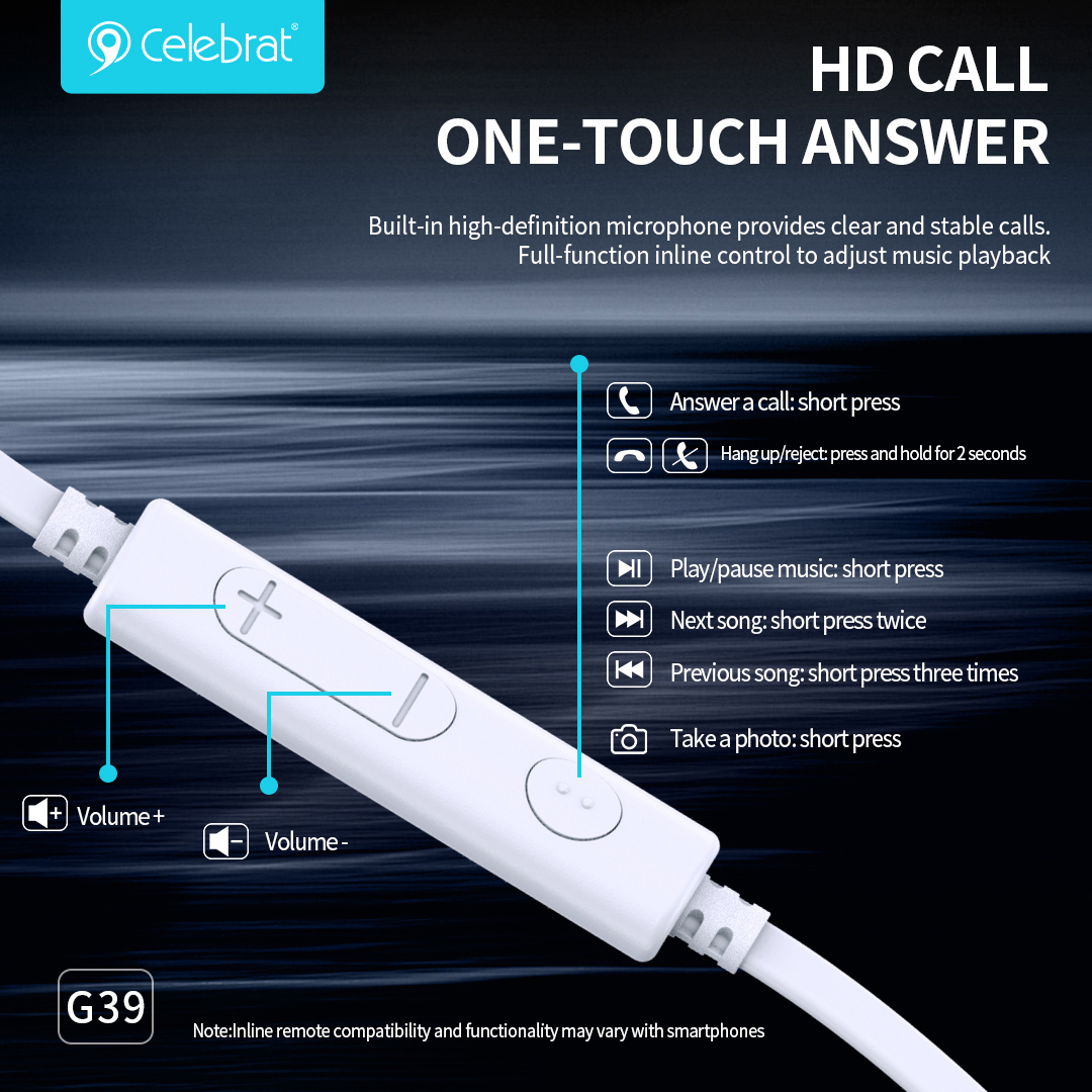 CELEBRAT earphones με μικρόφωνο G39, USB-C σύνδεση, 14mm, 1.2m, λευκά - Image 3