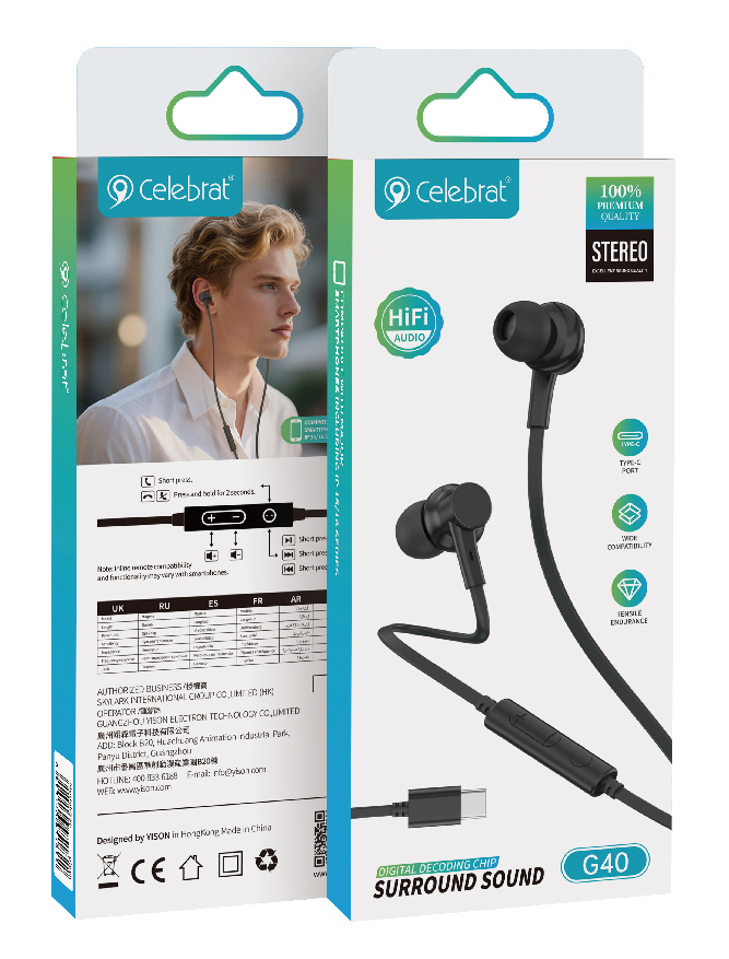 CELEBRAT earphones με μικρόφωνο G40, USB-C σύνδεση, 10mm, 1.2m, μαύρα - Image 5
