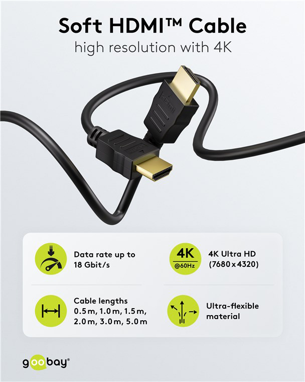 GOOBAY καλώδιο HDMI 80101 με Ethernet, soft, 4K/60Hz, 18 Gbps, 1m, μαύρο - Image 3
