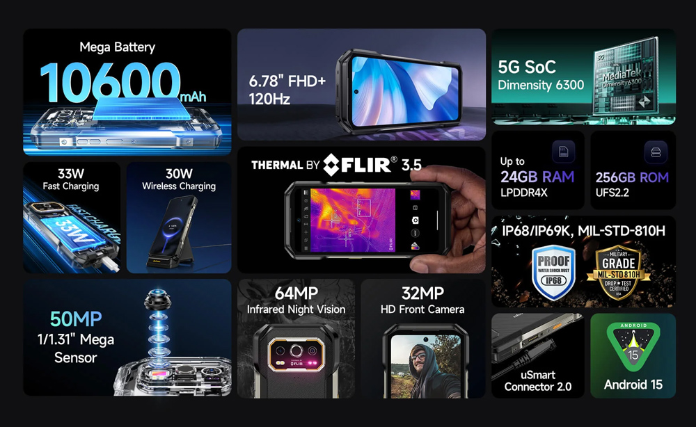 ULEFONE smartphone Armor 27T Pro Plus, 6.78", 12/256GB, 5G, 10600mAh, FLIR 3.5, IP68/IP69K, μαύρο - Image 3
