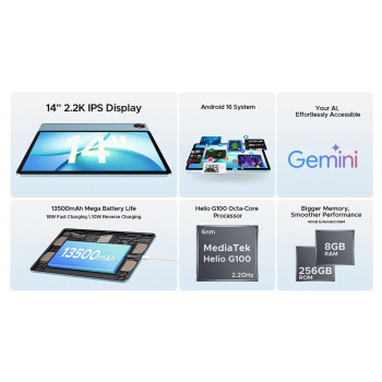 DOOGEE tablet Tab E3 Max, 14″, 8/256GB, 4G, Android 16, 13500mAh, γκρι