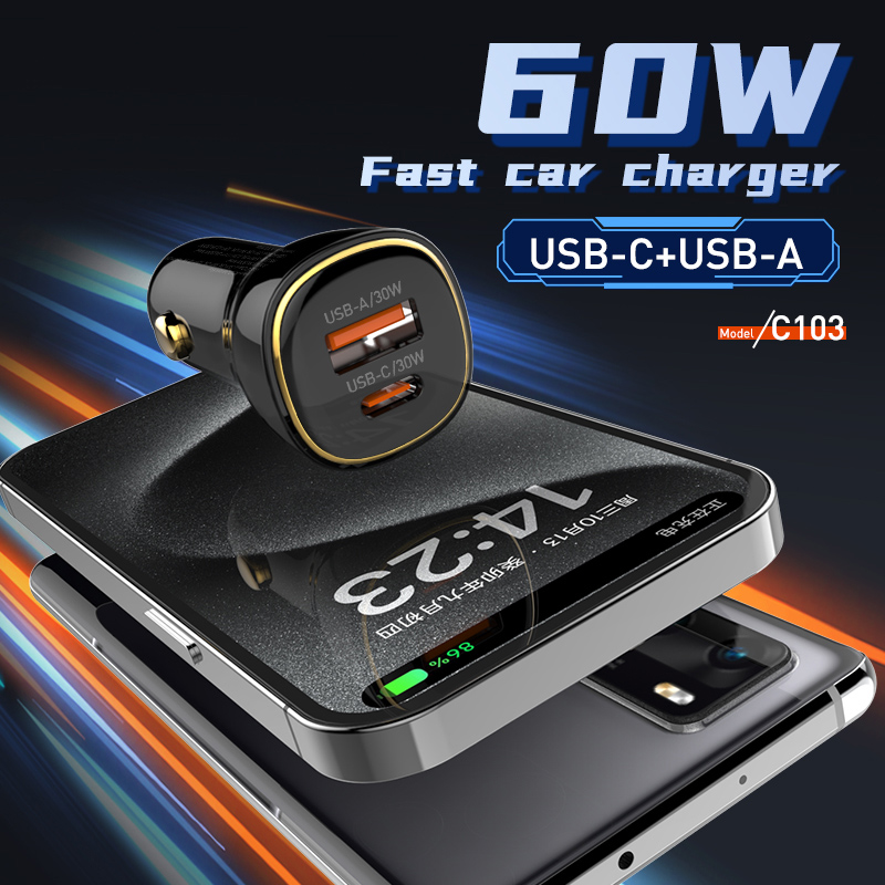 LDNIO φορτιστής αυτοκινήτου C103 με καλώδιο USB-C, USB/USB-C, 60W, μαύρος - Image 2