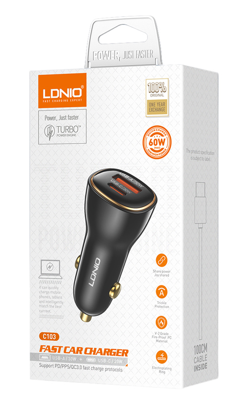 LDNIO φορτιστής αυτοκινήτου C103 με καλώδιο USB-C, USB/USB-C, 60W, μαύρος - Image 4