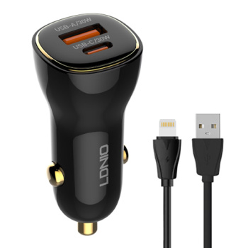 LDNIO φορτιστής αυτοκινήτου C103 με καλώδιο Lightning, USB/USB-C, 60W, μαύρος