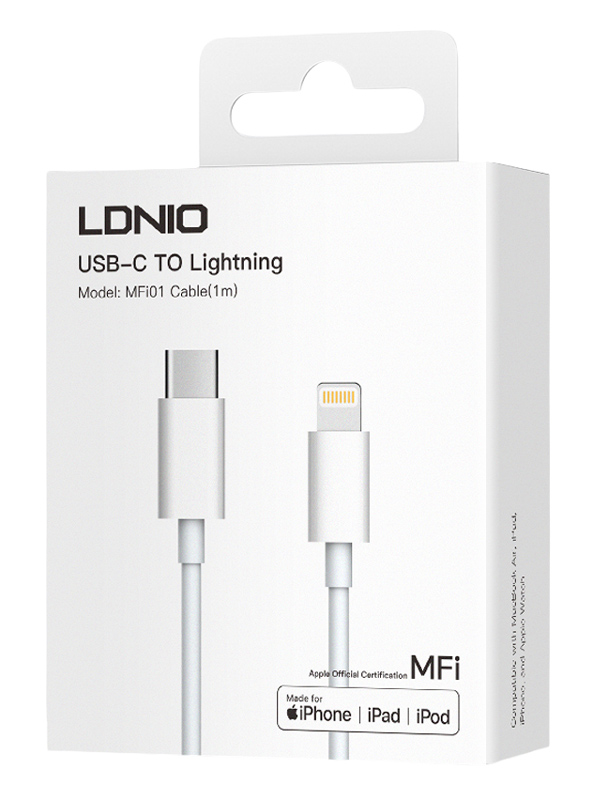LDNIO καλώδιο Lightning σε USB-C MFi01, MFi, 30W, 480Mbps, 1m, λευκό - Image 5
