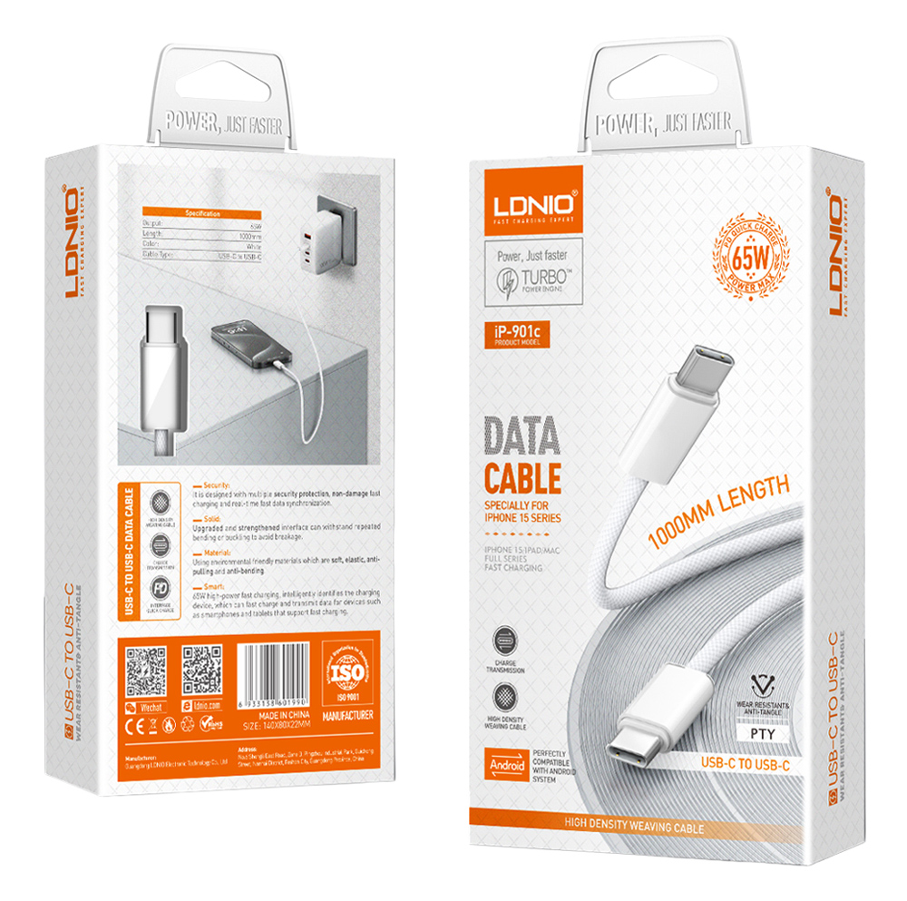 LDNIO καλώδιο USB-C iP-901c, 65W, 480Mbps, 1m, λευκό - Image 5