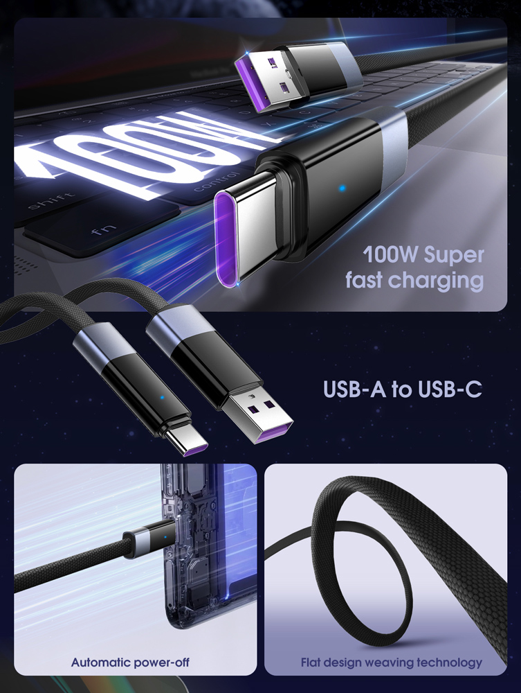 LDNIO καλώδιο USB-C σε USB LS241Q, flat, 100W, 480Mbps, 1m, μαύρο - Image 2