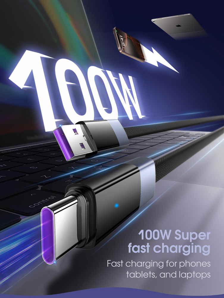 LDNIO καλώδιο USB-C σε USB LS241Q, flat, 100W, 480Mbps, 1m, μαύρο - Image 3