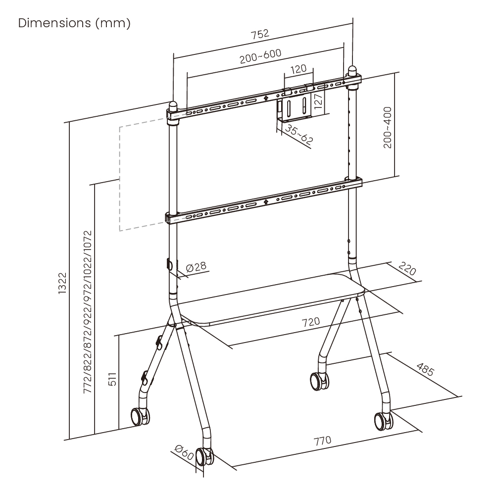 BRATECK βάση τηλεόρασης δαπέδου FS66-46F-01, 37-86", έως 80kg, με ράφι & ροδάκια - Image 5