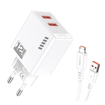 KAKUSIGA φορτιστής τοίχου KSC-1238 με καλώδιο micro USB, 2x USB, 12W, λευκός