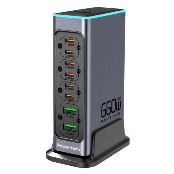 POWERTECH σταθμός φόρτισης PT-1621, 2x USB & 6x USB-C, GaN, 140W, γκρι