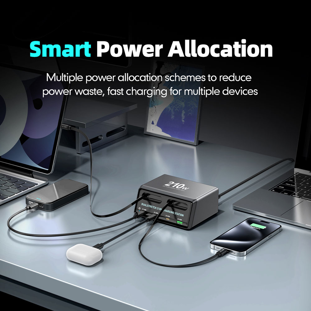 POWERTECH σταθμός φόρτισης PT-1623, USB/3x USB-C/2x USB-C καλώδια, GaN, 160W, μαύρος - Image 2